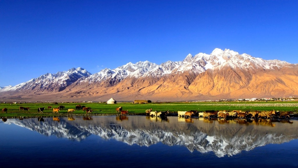 Karakul Lake and the snow dome of Muztagh Ata. This road needs an electronic border permit.